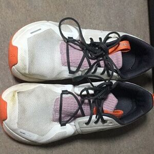 On Running Athletic Shoes - White, Orange, and Pink